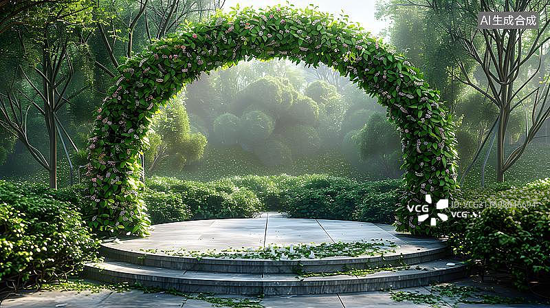 【AI数字艺术】清晨花园绿植拱门 阳光草坪婚礼花架  极简花园拱门草地电商展示台图片素材