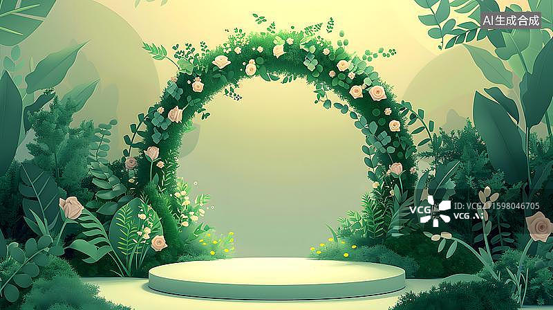 【AI数字艺术】清晨花园绿植拱门 阳光草坪婚礼花架  极简花园拱门草地电商展示台图片素材