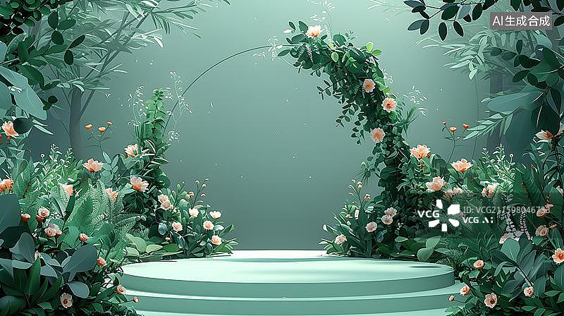 【AI数字艺术】清晨花园绿植拱门 阳光草坪婚礼花架  极简花园拱门草地电商展示台图片素材