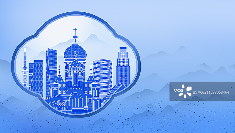 哈尔滨蓝色青花瓷古典山水画淡雅山峰窗户景观城市图片素材