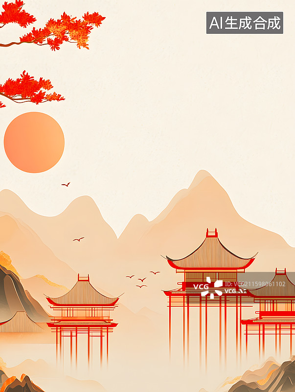 【AI数字艺术】古风山水楼阁意境图落日中国风插画图片素材