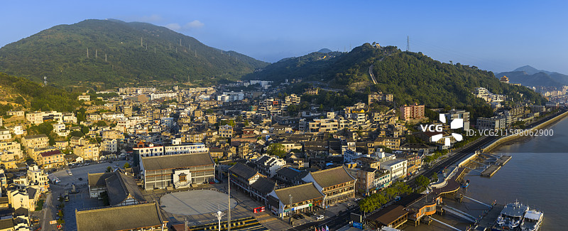浙江宁波象山石浦渔港古城晨曦航拍图片素材