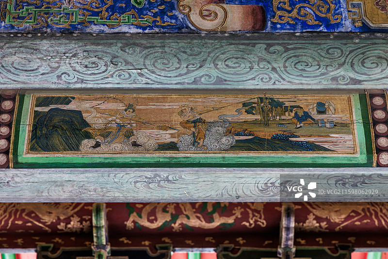 蒙古国乌兰巴托市兴仁寺檐下彩绘图片素材