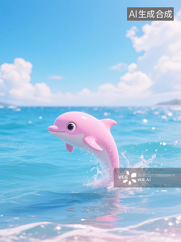 【AI数字艺术】粉色海豚跃出海面图片素材