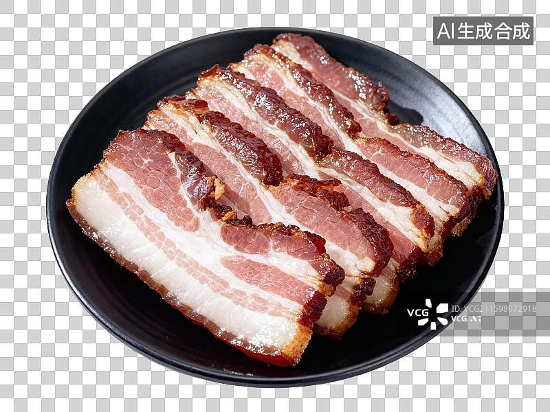 【AI数字艺术】黑色盘子里的切片腊肉图片素材