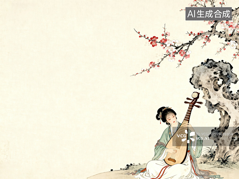 【AI数字艺术】梅花树下弹琵琶的传统女子图片素材