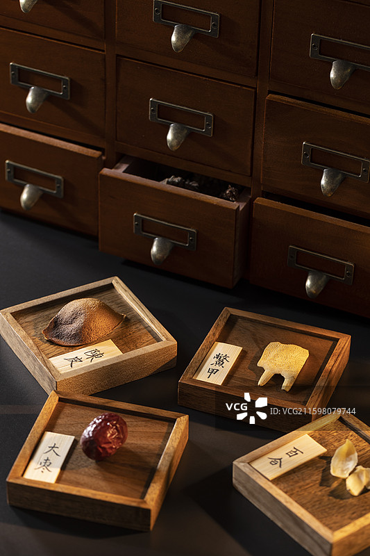 多种中药材：鳖甲、大枣、陈皮和百合干图片素材