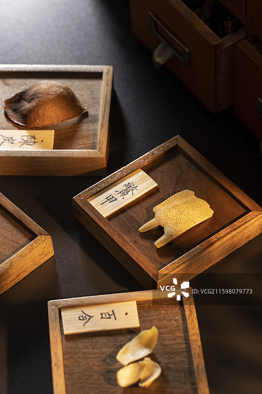 多种中药材：鳖甲、陈皮和百合干图片素材