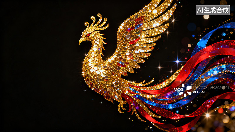 【AI数字艺术】蓝金色亮片粒子组成的飞舞凤凰插画背景图片素材