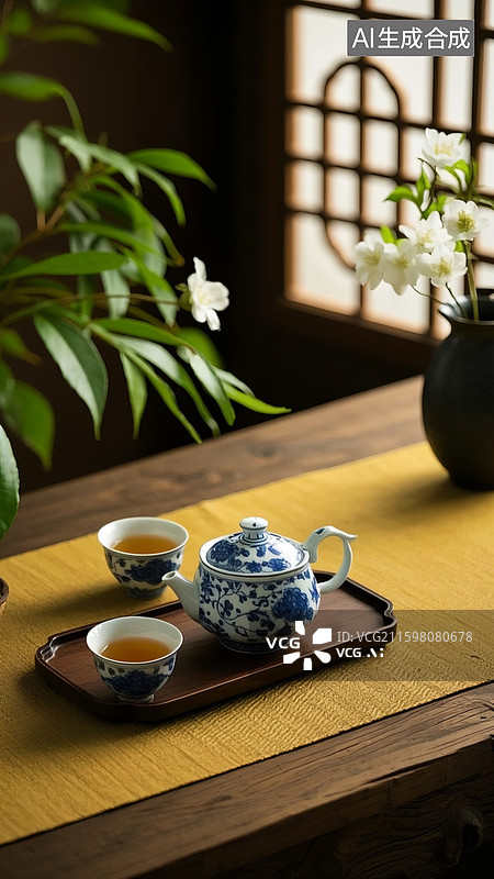 【AI数字艺术】青花瓷蓝白茶壶，白色带花纹茶杯，深色茶杯，托盘，插白色小花的深色花瓶，背景有绿植、中式窗棂，写实风格图片素材