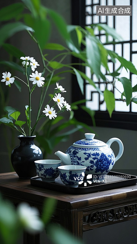 【AI数字艺术】青花瓷蓝白茶壶，白色带花纹茶杯，深色茶杯，托盘，插白色小花的深色花瓶，背景有绿植、中式窗棂，写实风格图片素材