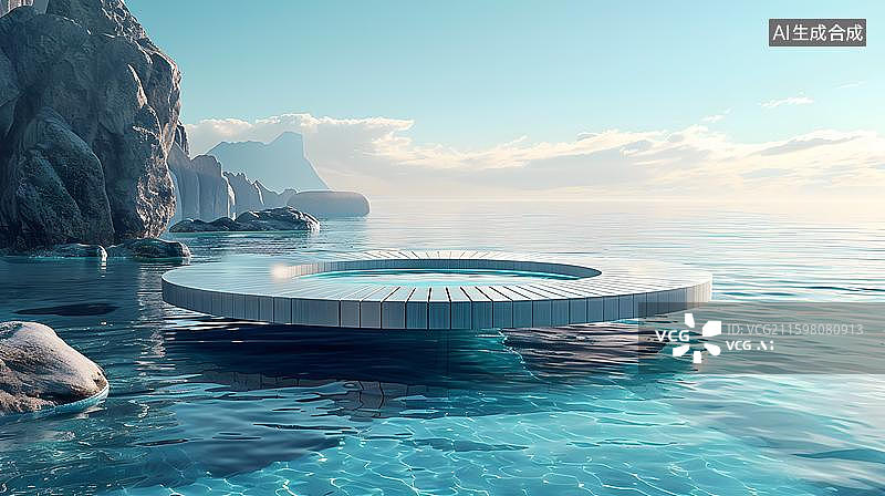 【AI数字艺术】海上圆形平台风景   海洋主题，产品展台，展览，背景图   产品展台背景素材：水面上的玻璃展台图片素材