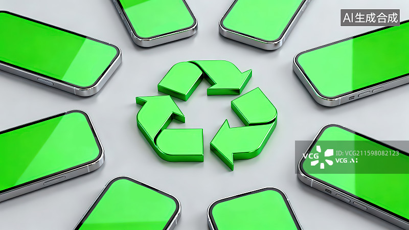 【AI数字艺术】中间绿色循环回收符号围绕着一圈绿色屏幕的智能手机，数码产品电子垃圾设备回收绿色环保生态能源插图背景图片素材