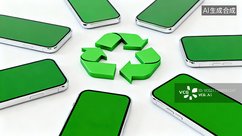 【AI数字艺术】中间绿色循环回收符号围绕着一圈绿色屏幕的智能手机，数码产品电子垃圾设备回收绿色环保生态能源插图背景图片素材