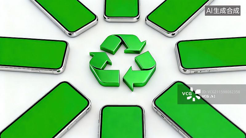 【AI数字艺术】中间绿色循环回收符号围绕着一圈绿色屏幕的智能手机，数码产品电子垃圾设备回收绿色环保生态能源插图背景图片素材