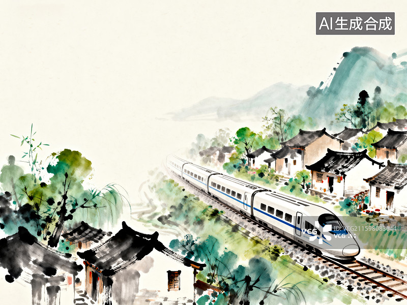 【AI数字艺术】传统村落中的高速列车图片素材