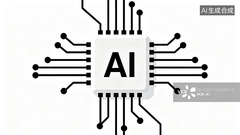【AI数字艺术】白色背景下的线条画黑白色电路板线路板人工智能AI智慧芯片，AI人工智能计算机芯片科技图标图片素材