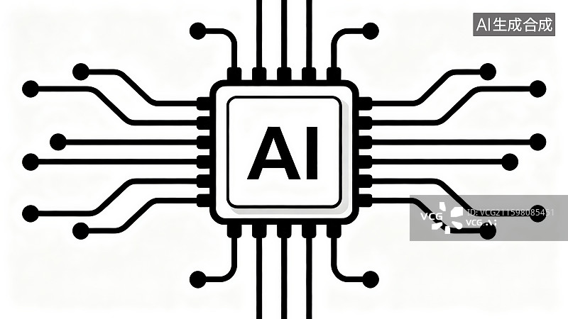 【AI数字艺术】白色背景下的线条画黑白色电路板线路板人工智能AI智慧芯片，AI人工智能计算机芯片科技图标图片素材