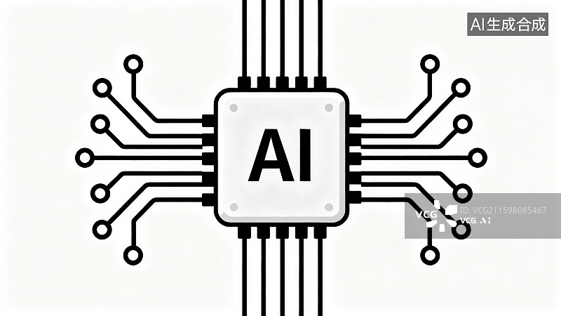 【AI数字艺术】白色背景下的线条画黑白色电路板线路板人工智能AI智慧芯片，AI人工智能计算机芯片科技图标图片素材