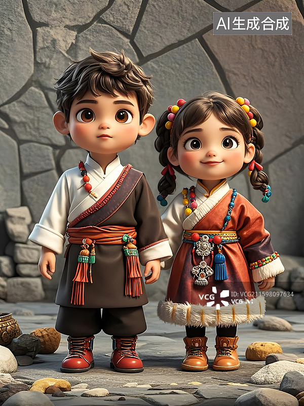 【AI数字艺术】可爱卡通风传统民族服饰，藏族图片素材