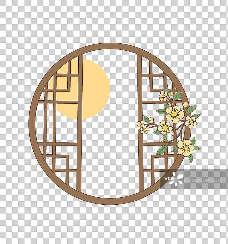 中式圆窗与月亮桂花插画图片素材