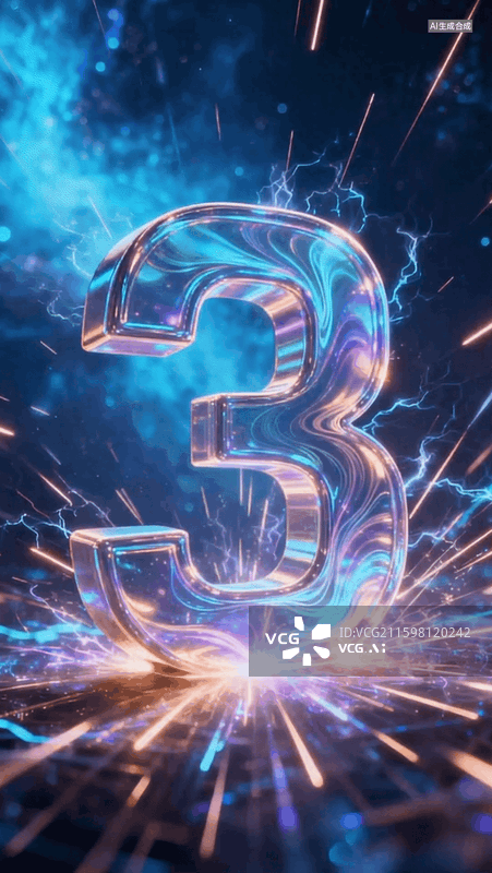 【AI数字艺术】数字321倒计时创意动画动图全息光影未来科技感发光粒子光线闪烁3D三维艺术字深蓝彩色神秘梦幻星云背景图片素材
