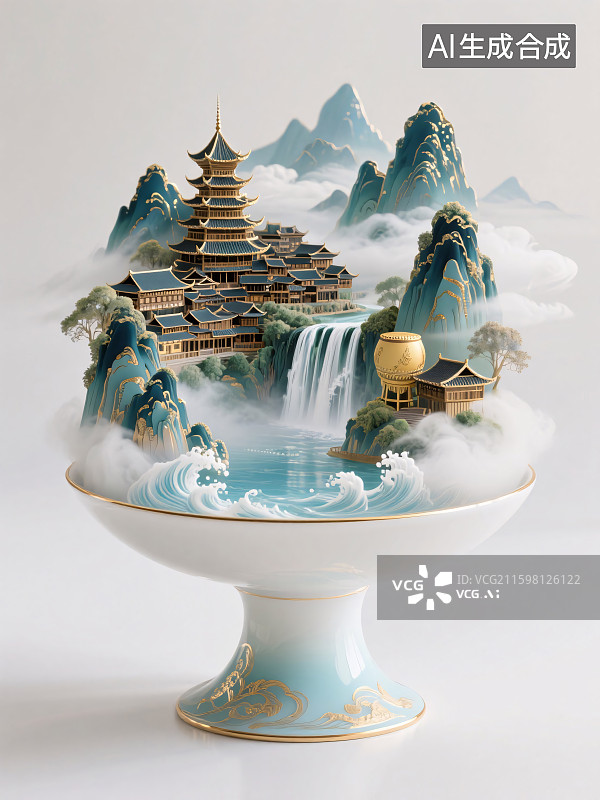 【AI数字艺术】国潮风山水楼阁插画图片素材