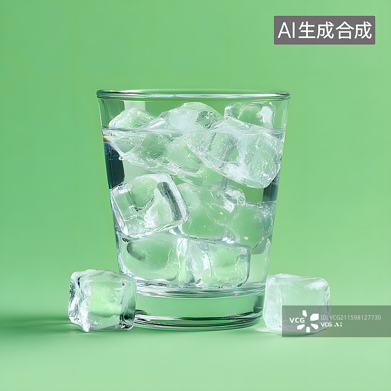 【AI数字艺术】AIGC：绿色背景上装冰块的玻璃杯图片素材