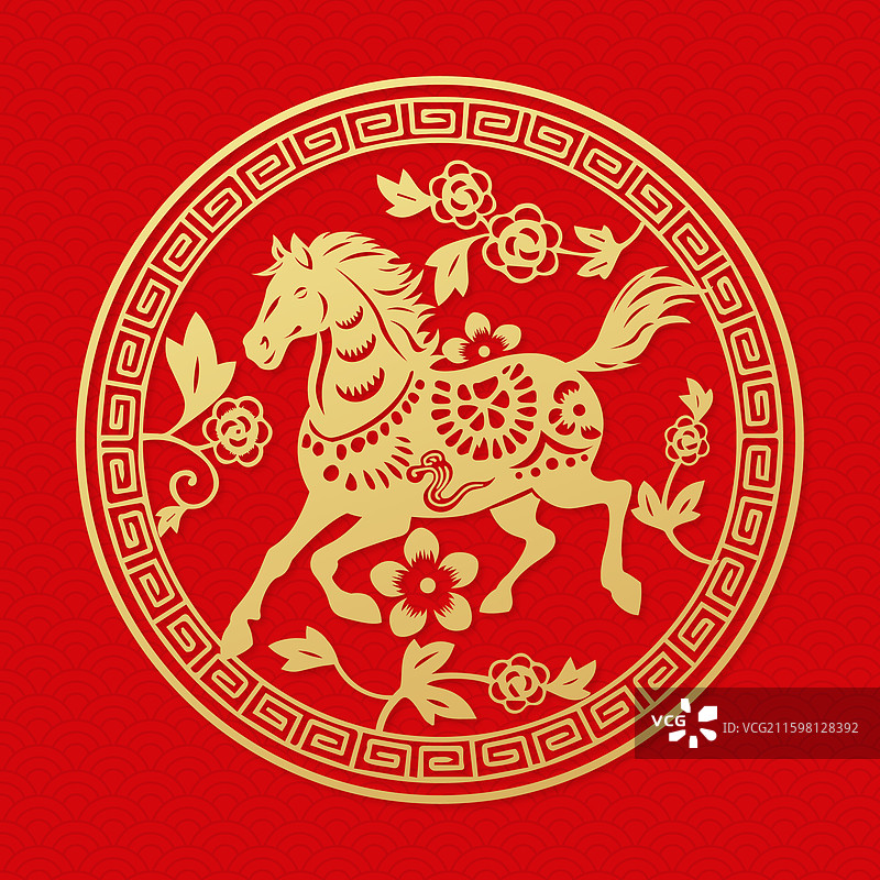 2026马年十二生肖午马红色剪纸插画图片素材