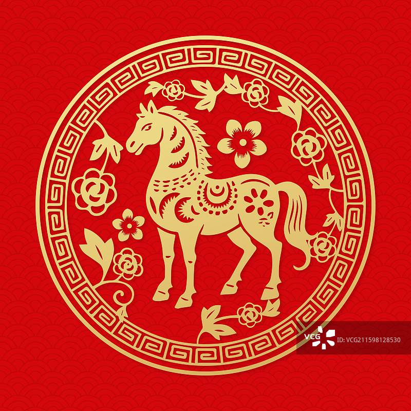 2026马年十二生肖午马红色剪纸插画图片素材