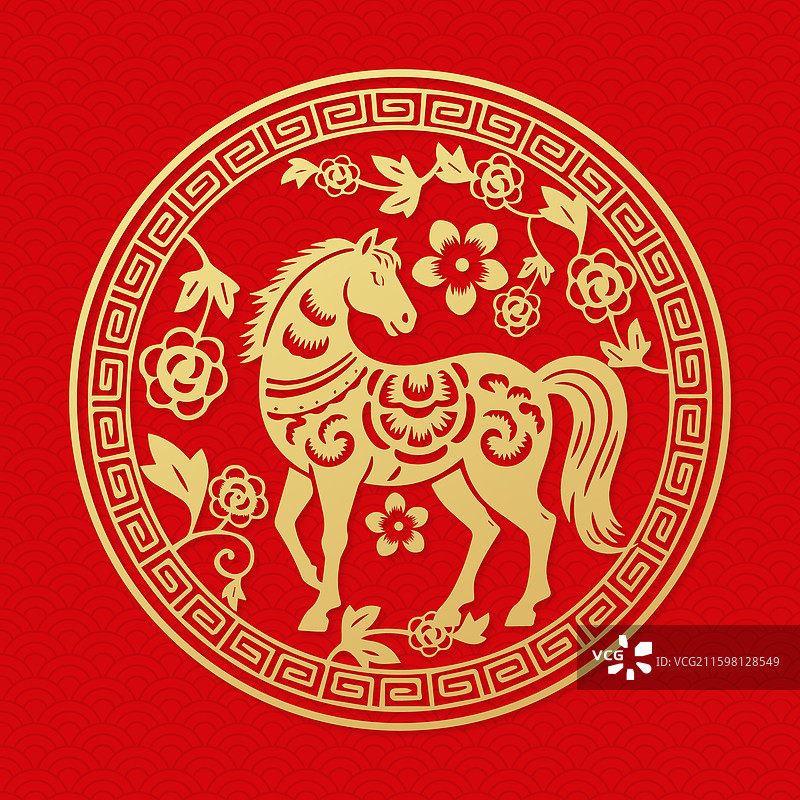 2026马年十二生肖午马红色剪纸插画图片素材