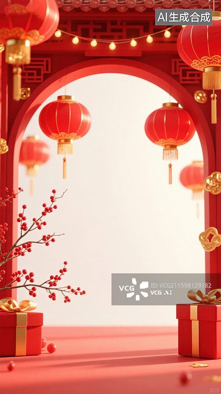 【AI数字艺术】新年红色拱门灯笼装饰图片素材