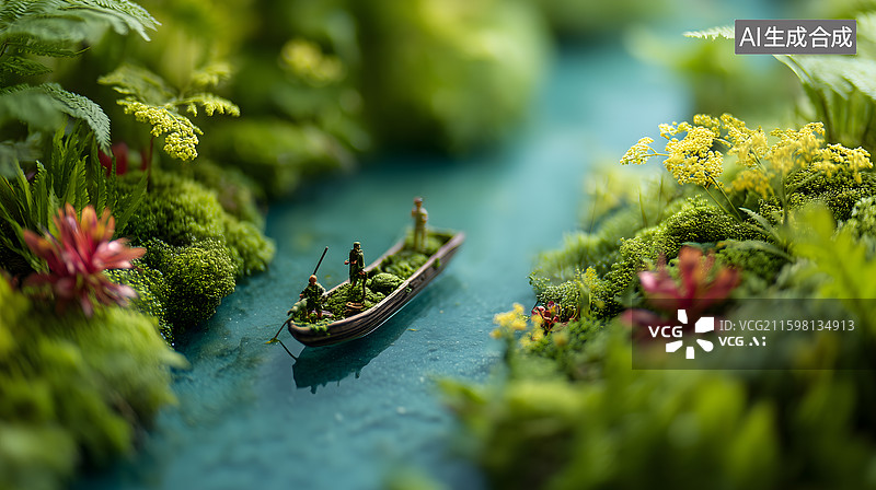 【AI数字艺术】微缩秘境中的舟行之美图片素材