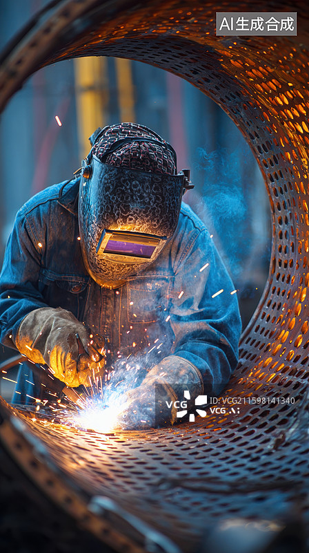 【AI数字艺术】焊工在管道内焊接作业图片素材