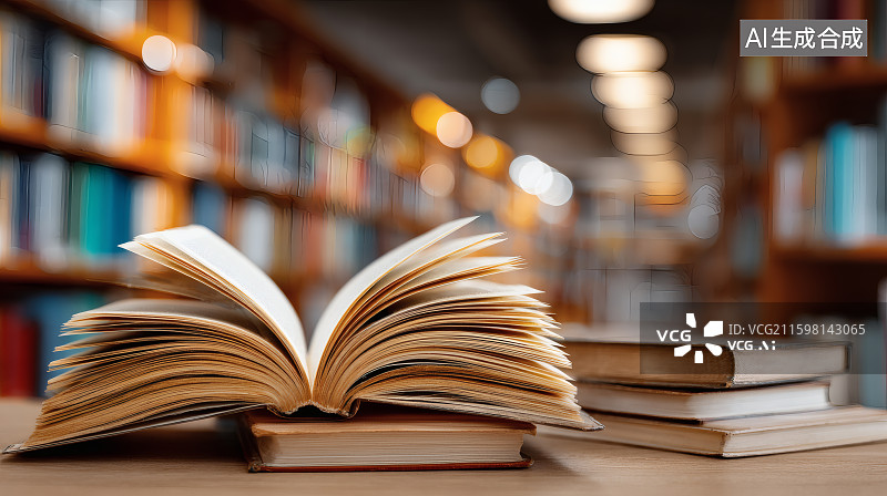 【AI数字艺术】图书馆的书架为背景，桌面散落的书籍，翻开的书本图片素材