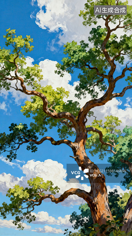 【AI数字艺术】蓝天下的大松树手绘插画图片素材