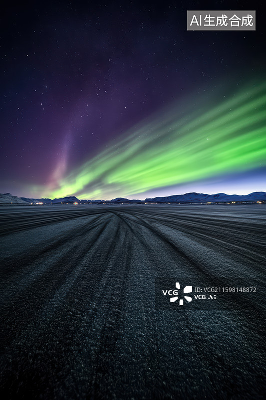 【AI数字艺术】冬季极光映衬下的雪山与户外道路图片素材