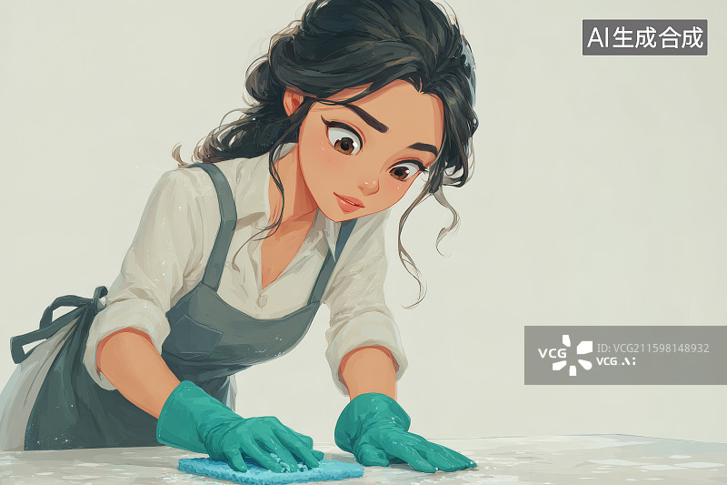 【AI数字艺术】戴着橡胶手套的女人用抹布擦拭桌面，清洁卫生图片素材