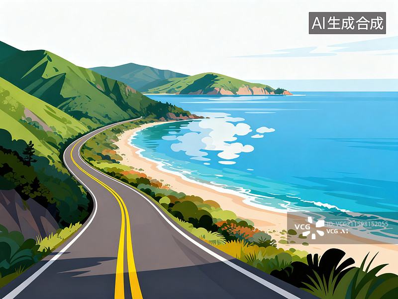 【AI数字艺术】海岸线蜿蜒公路 自然风光景观图片素材