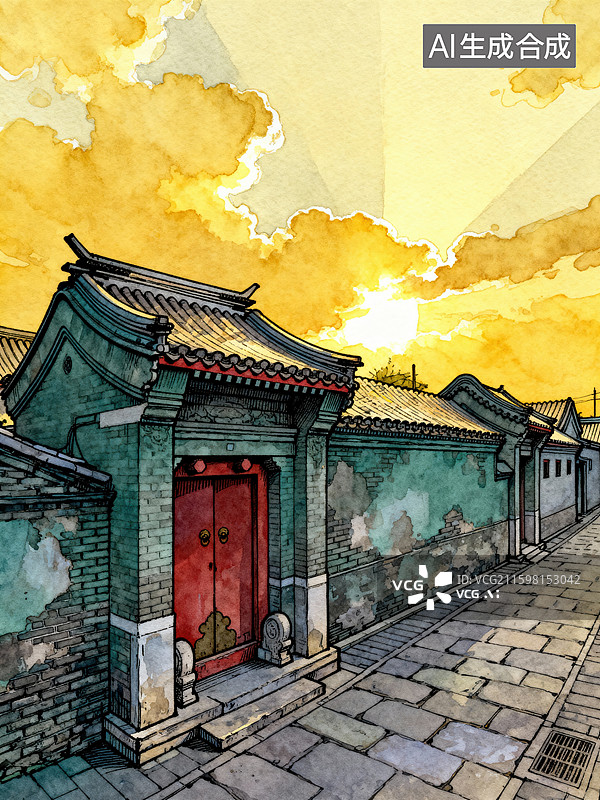 【AI数字艺术】水墨风格北京四合院门楼 胡同传统建筑插画图片素材