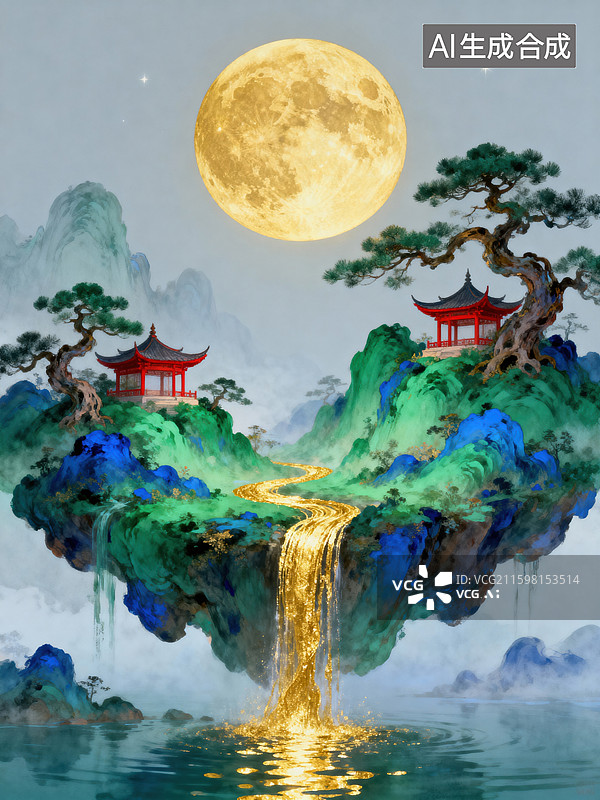 【AI数字艺术】新中式奇幻青绿山水 金月悬浮岛红亭金瀑意境插画图片素材