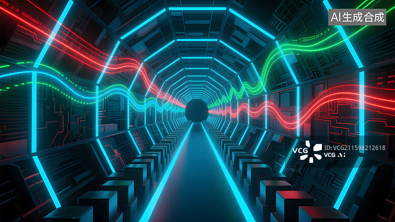 【AI数字艺术】霓虹光带穿梭科技隧道图片素材
