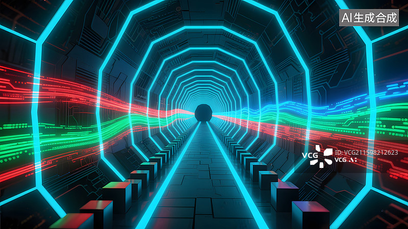 【AI数字艺术】霓虹光带穿梭科技隧道图片素材