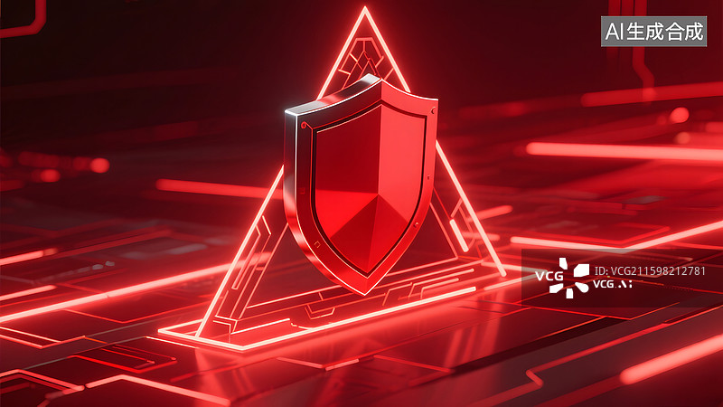 【AI数字艺术】红色科技盾牌守护数字安全图片素材