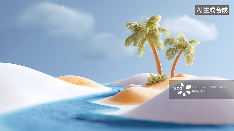 【AI数字艺术】卡通海岛沙滩上几颗椰子树图片素材