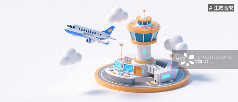 【AI数字艺术】飞机与塔台3D插画图片素材