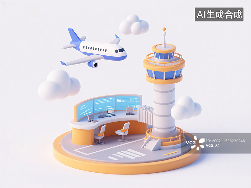 【AI数字艺术】飞机与塔台3D插画图片素材