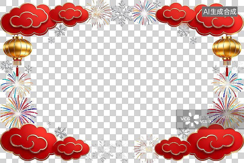 【AI数字艺术】喜庆春节祥云灯笼烟花边框图片素材