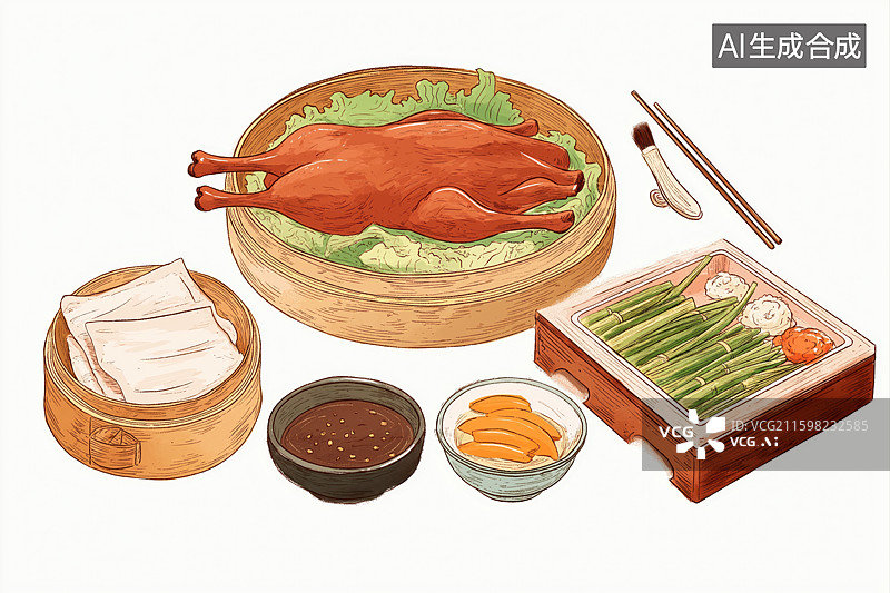 【AI数字艺术】中式烤鸭配面饼与蘸料图片素材