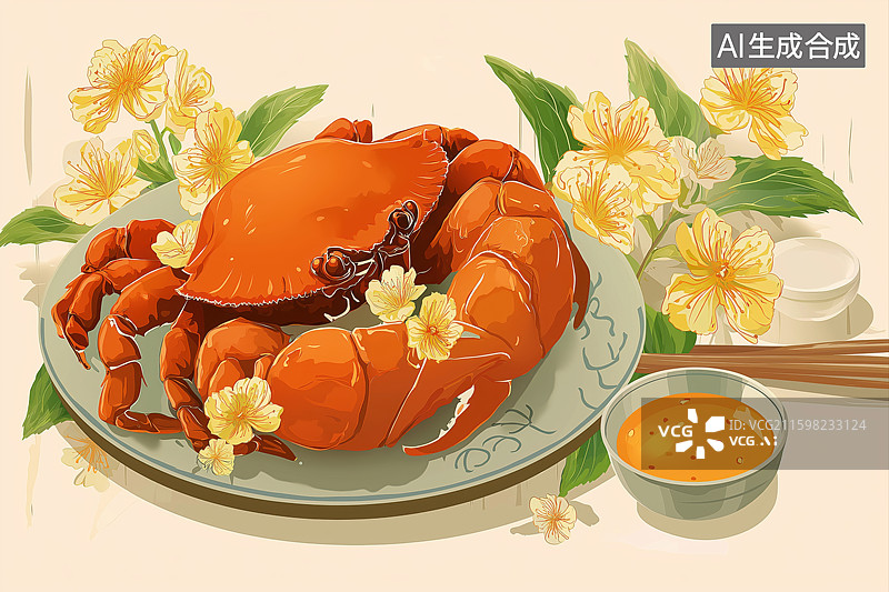 【AI数字艺术】蒸蟹配花与蘸酱图片素材